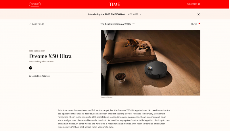 《时代》年度最佳发明公布：追觅 X50 Ultra 成全球唯一上榜扫地机
