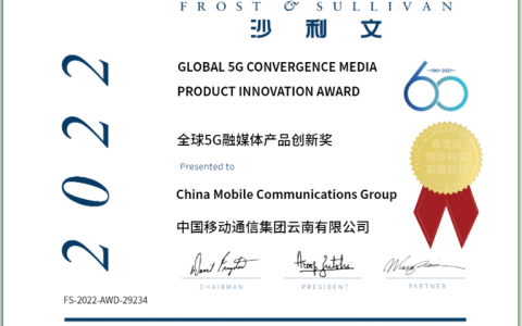 沙利文授予中国移动云南公司「2022年度全球5G融媒体产品创新奖」