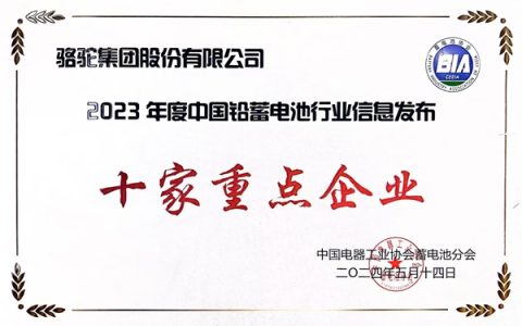 骆驼蓄电池荣膺2023年度中国铅蓄电池“十家重点企业”！